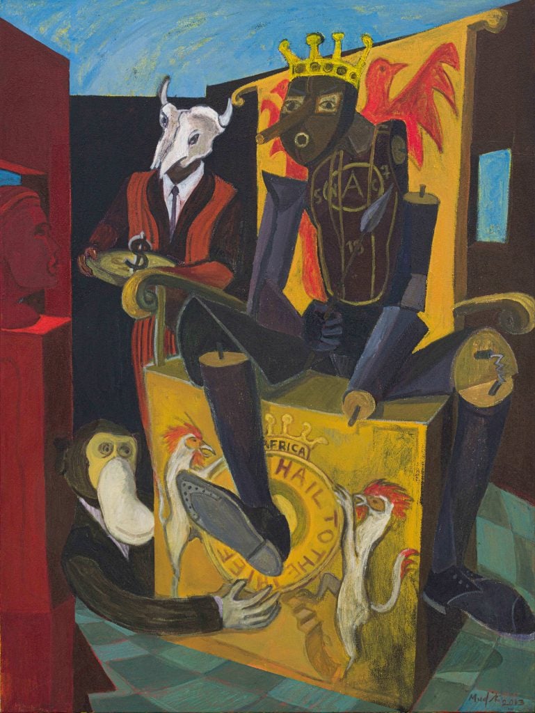 This image shows a painting depicting a puppet sitting on an abstract looking yellow throne, with a goat in a suit next to him and a monkey in front of him.