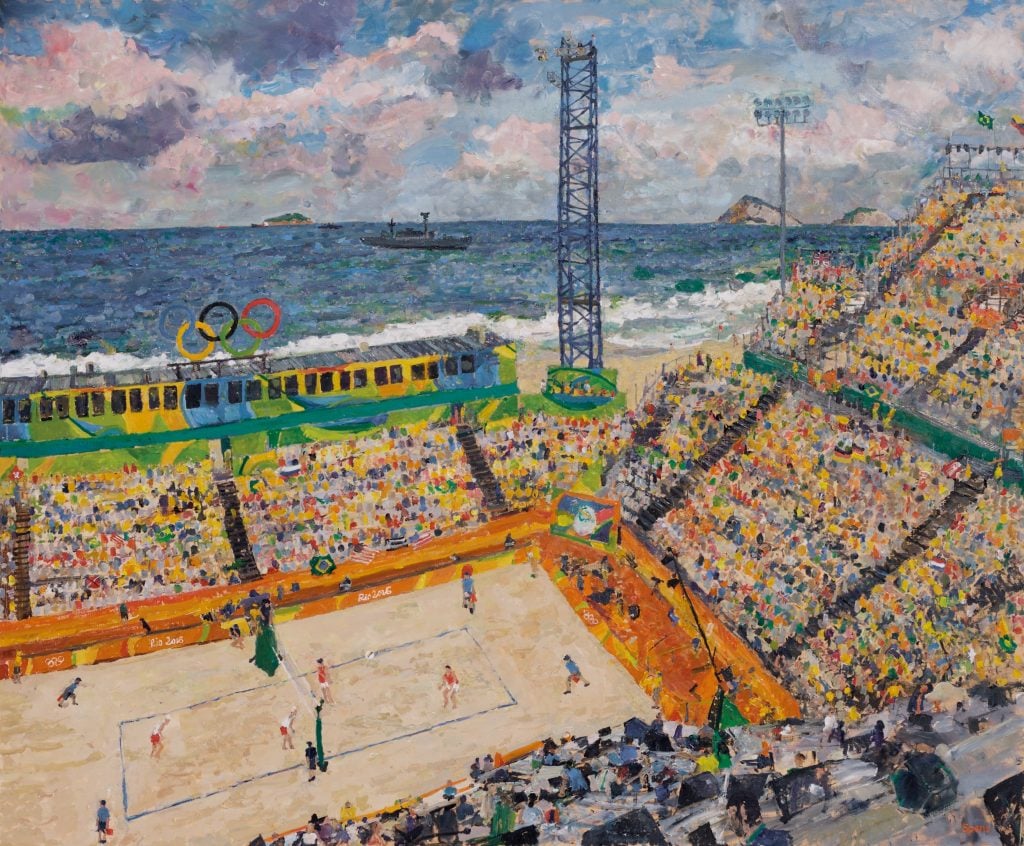 Peter Spens's painting of the 2016 Olympic beach volleyball tournament at Copacabana Beach in Rio. Photo courtesy of the artist. 