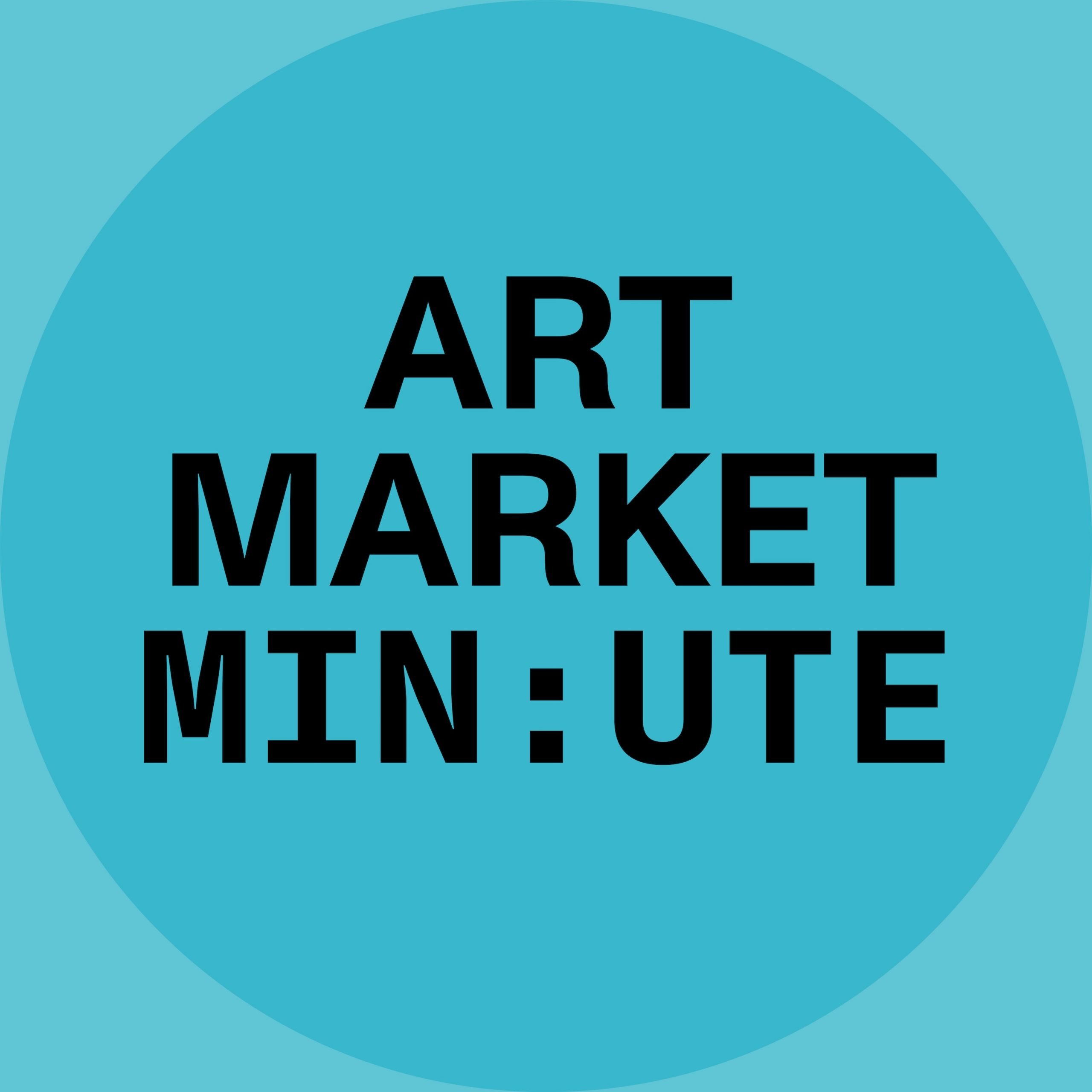 Bold black, all-caps sans serif letters spell "ART MARKET MIN:UTE" within a expressive blue circle, set against a vibrant, medium-light cyan background.