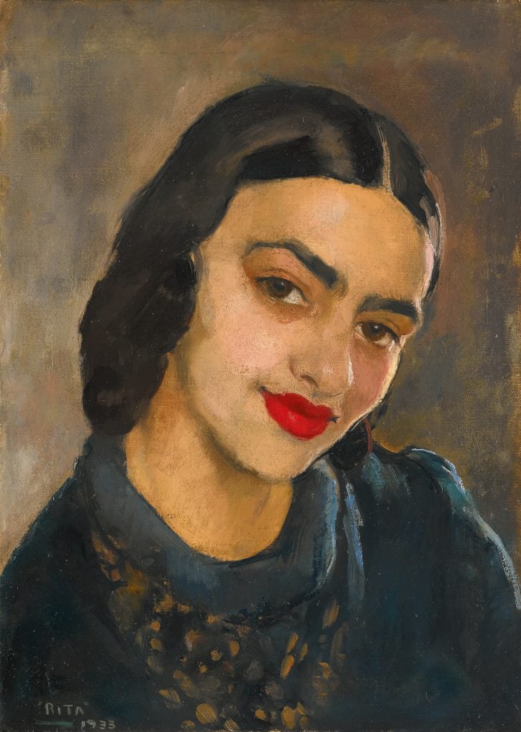 an image of the artist's self portrait wearing bright red lipstick and a a dark dress