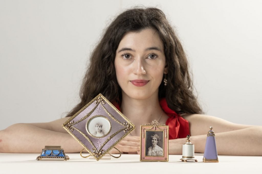 Andreane Rellou with a cache of rediscovered Fabergé objects. She identified the two women in the photographs as Sophia of Prussia, the Queen of Greece, and Maria Perugia.