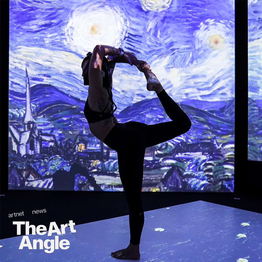 the silhouette of a woman doing a yoga pose against a backdrop of a digitized van gogh painting