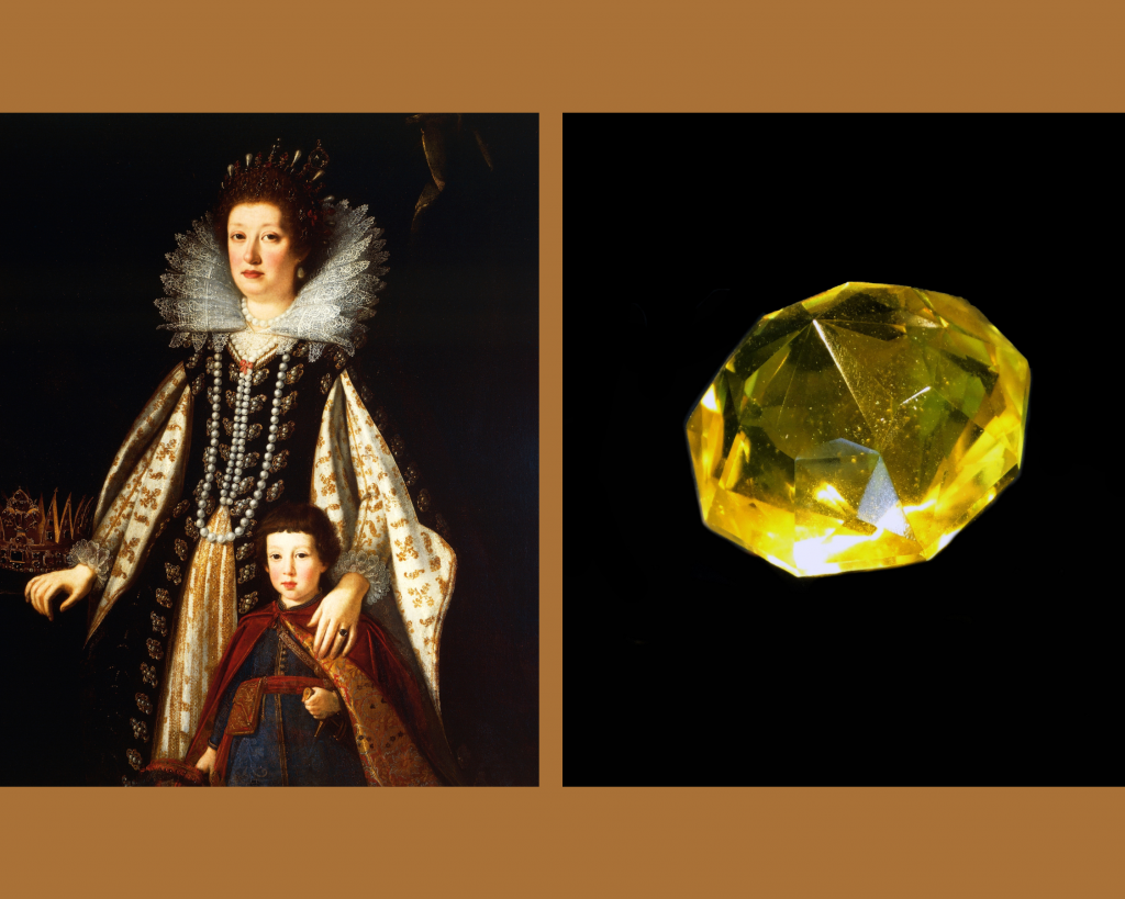 Left: Justus Sustermans, Portrait of Archduchess Maria Maddalena of Austria, wearing the Florentine on her head as a pendant, with Her Son Ferdinand II (ca. 1623). Right: Glass replica of the yellow Florentine Diamond, 2014