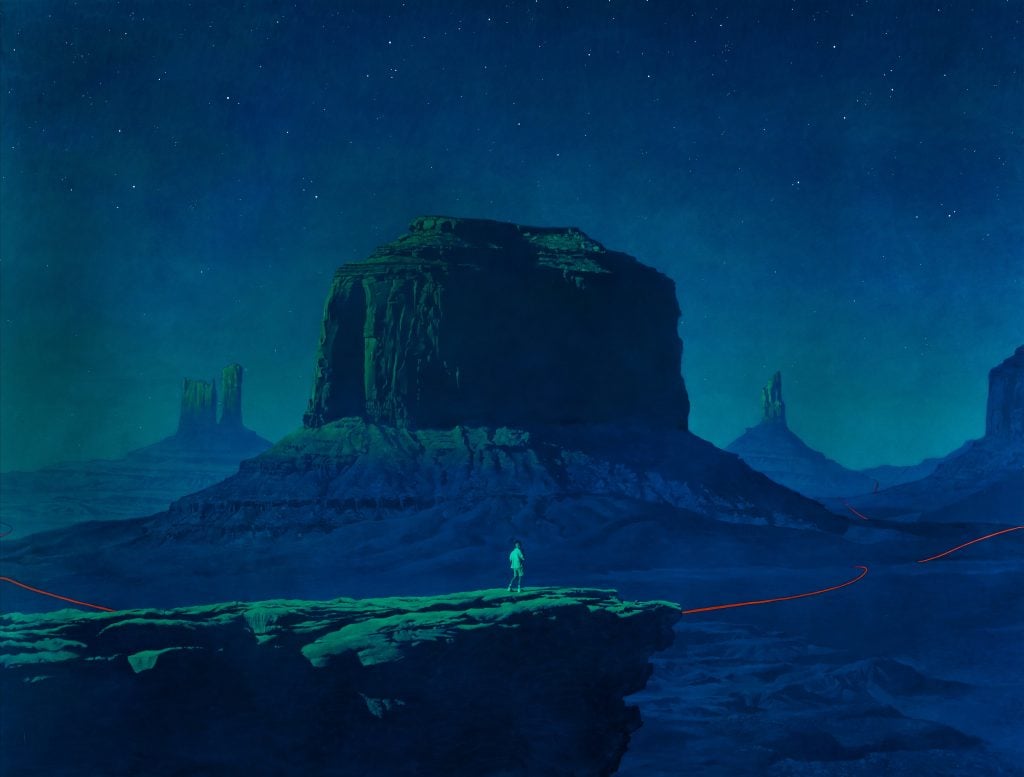 a painting depicts an otherworldly barren rocky landscape has a ribbon of neon and a young man admiring it standing on a bluff