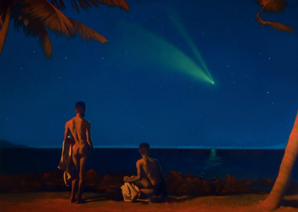 a paintings shows to unclothed males on the beach as a green comet descends in the night sky 