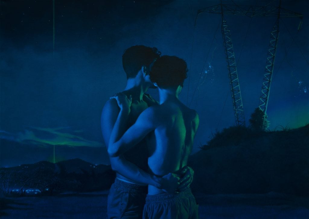 a painting depicts two shirtless young men clinging to each other in the darkness as cranes lurk in background and a mysterious light 