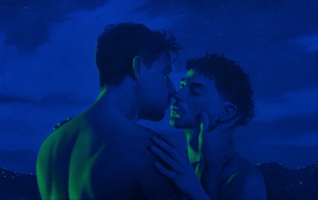 a painting depicts two shirtless young men kissing in the darkness 