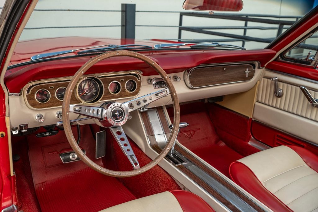 inside of a red Ford Mustang