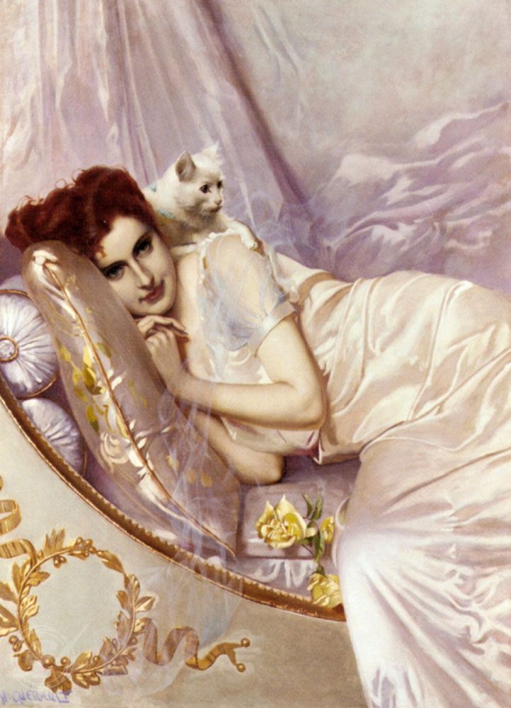 a woman reclines with a white cat amid satiny pinks and blushes