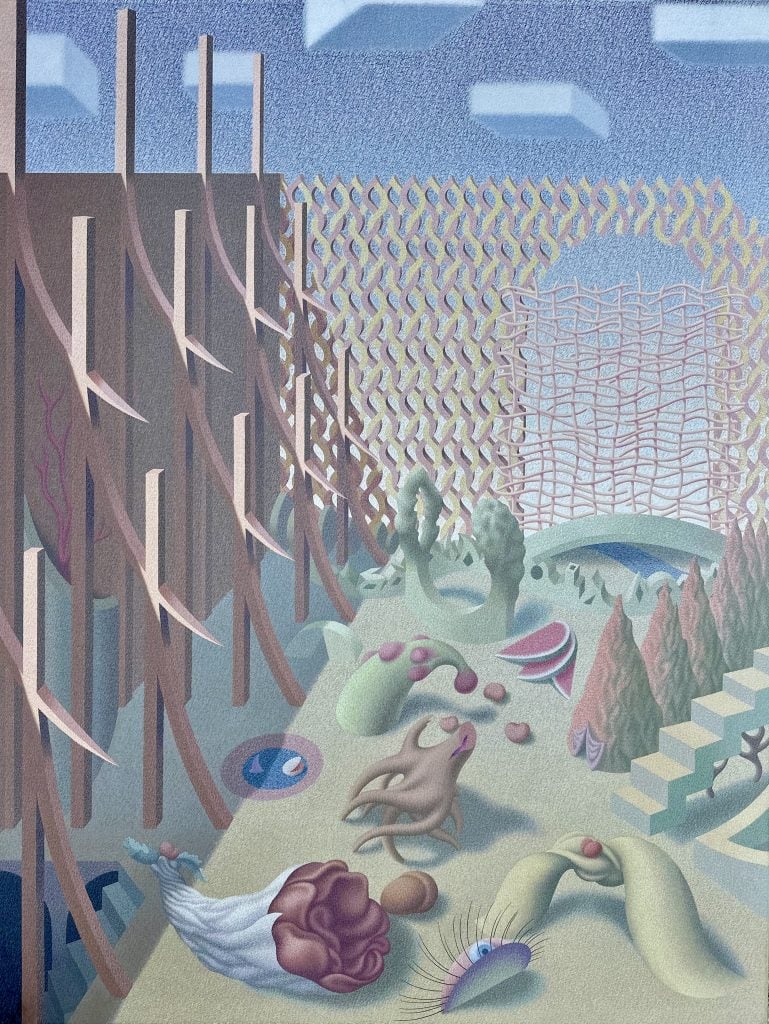 A surrealist painting by Henry Orlik of a green outdoor courtyard speckled with nonsensical objects like watermelons slices and a squid beneath blue skies