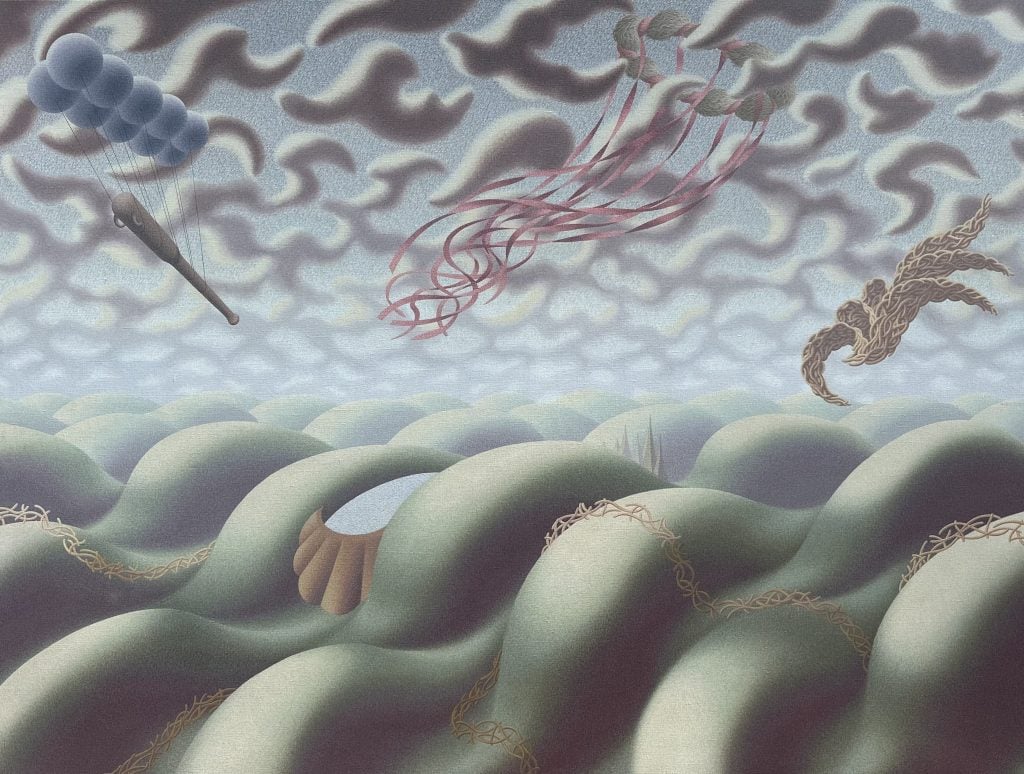 A painting by Henry Orlik of a surrealist landscape with rolling hills in the bottom half and rhythmic clouds on the upper half