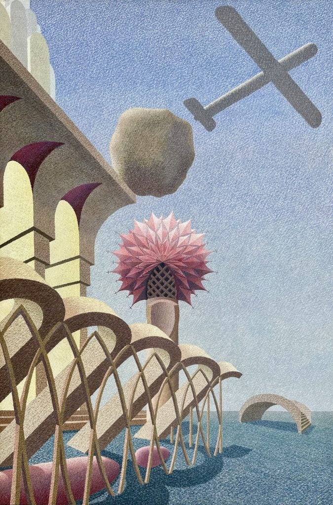 A surrealist painting by Henry Orlik of an airplane flying over a seaside structure with a purple pom pom atop a plinth