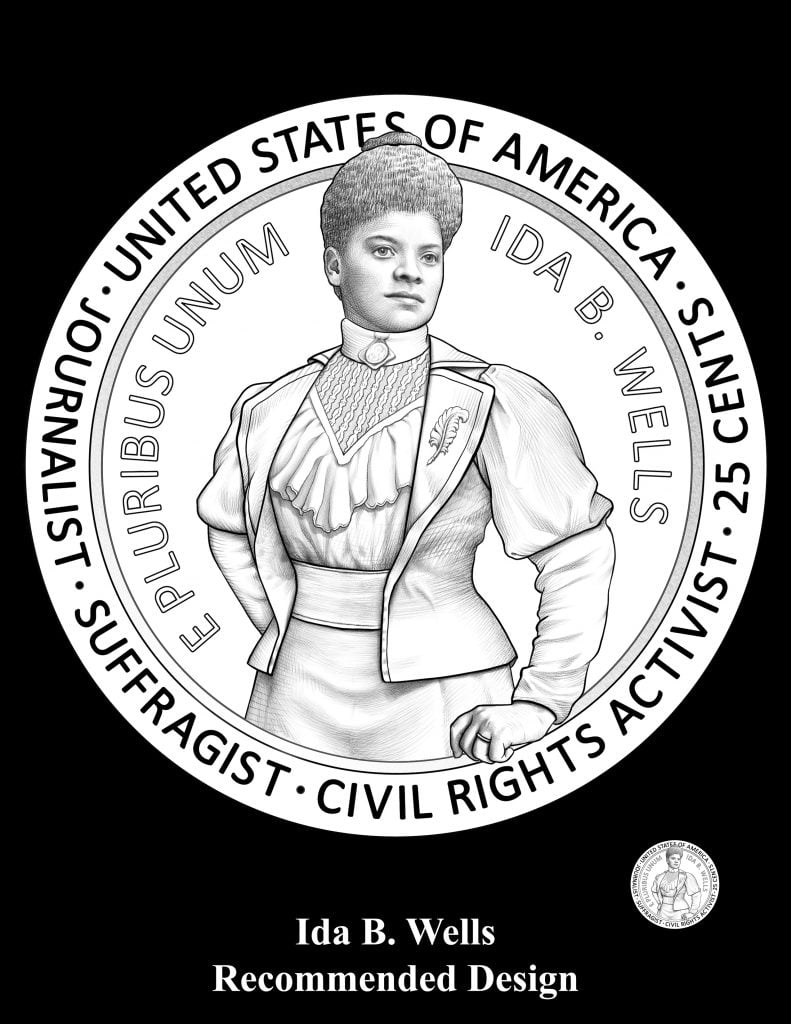 A black and white illustration of the new American Women Quarter for muckracking journalist and NAACP cofounder Ida B. Wells. Designed by Elana Hagler, to be sculpted by Phebe Hemphill. 