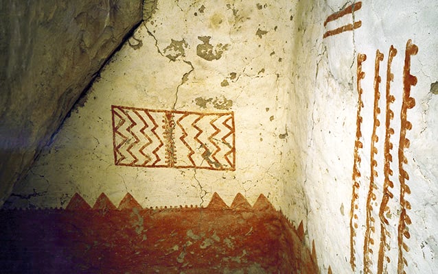 two wall paintings inside a home in Cliff Palace marked in red against a white background