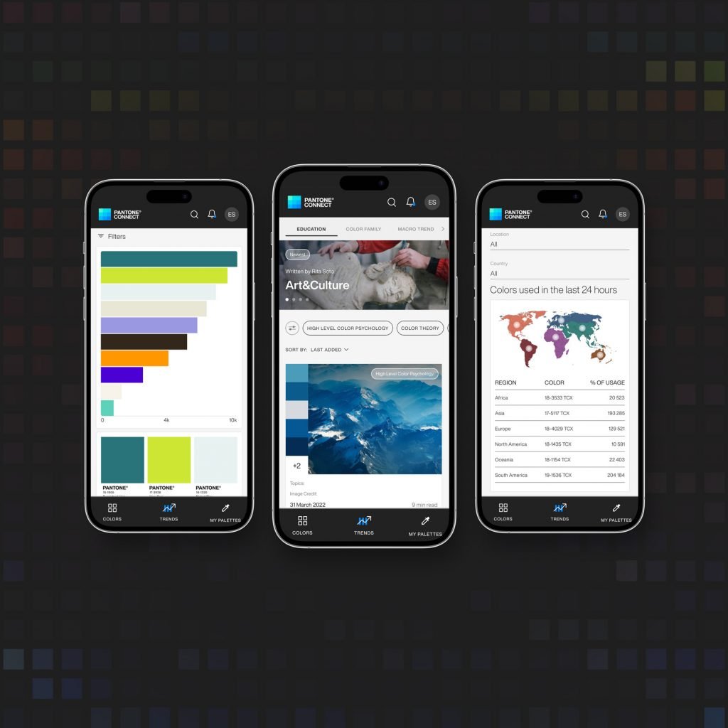 Three views of mobile phones with data from the new Pantone Color Insider, a trend forecasting tool for designers. 