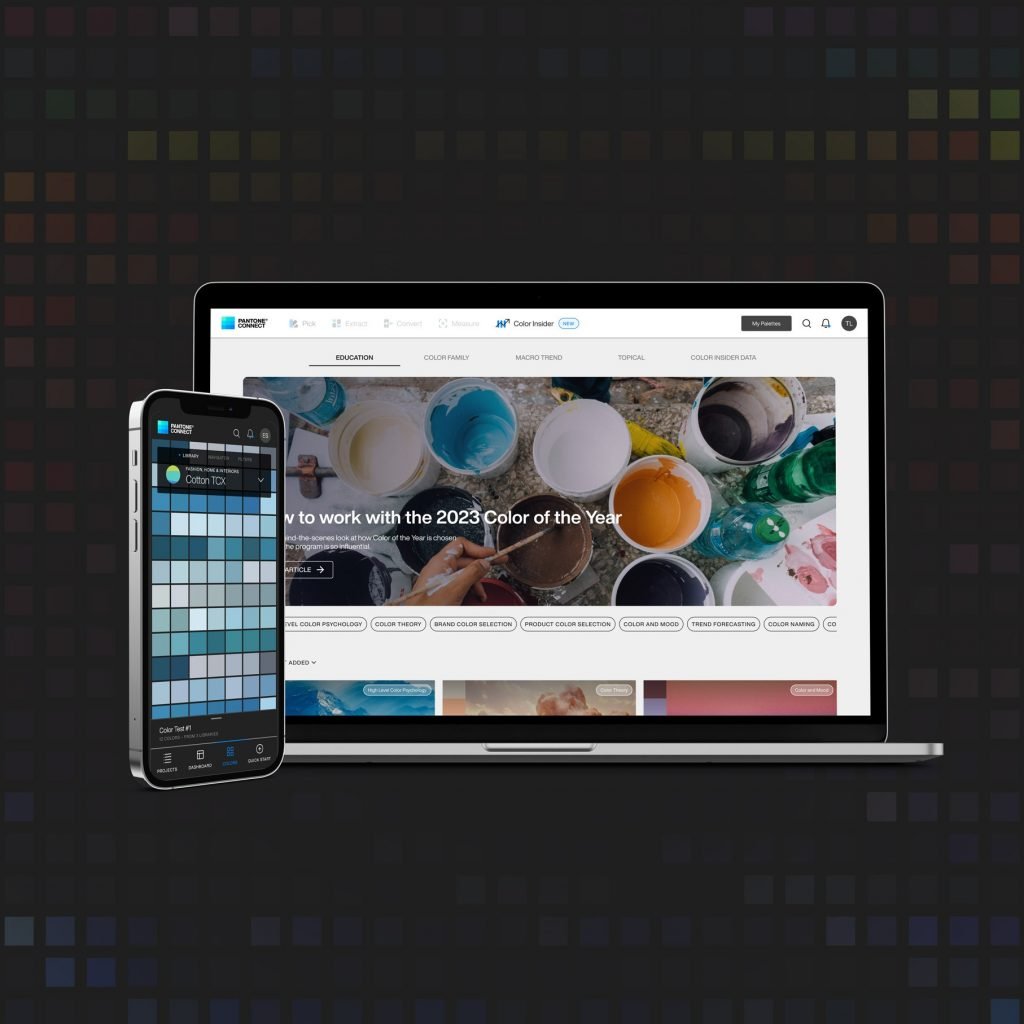 A computer and a smartphone displaying data from the new Pantone Color Insider, a trend forecasting tool for designers. 