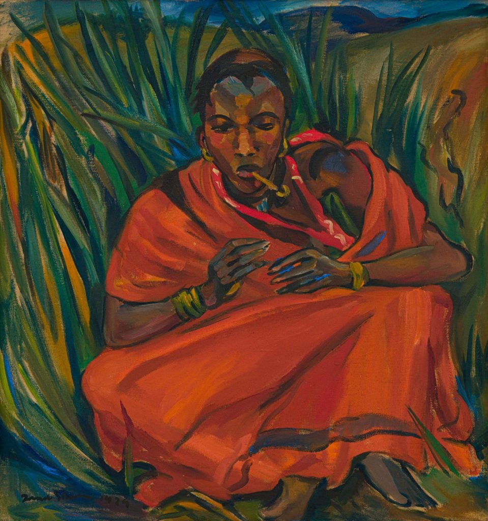 This depicts a painting of a woman in red robe smoking, sitting against green grass