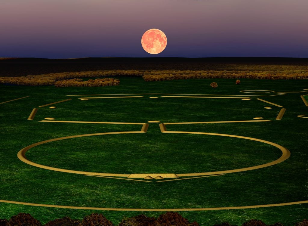 a rendering of a large field with earthworks as a big full moon rises in the sky