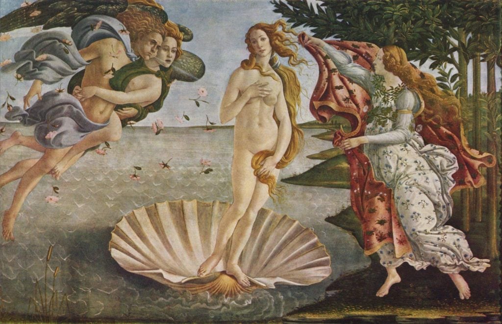 one of botticelli's most famous works ... renaissance era painting of a nude woman emerging from a shell