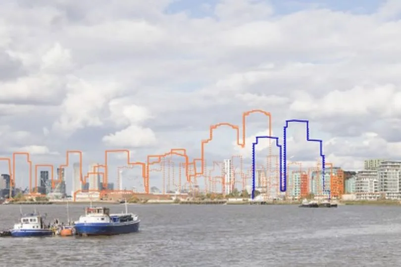 a view over the River Thames with an outline in blue and orange of buildings yet to be built