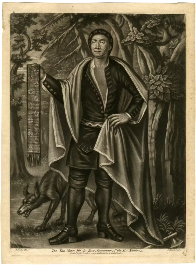 engraving showing an indigenous man stood in front of a wolf
