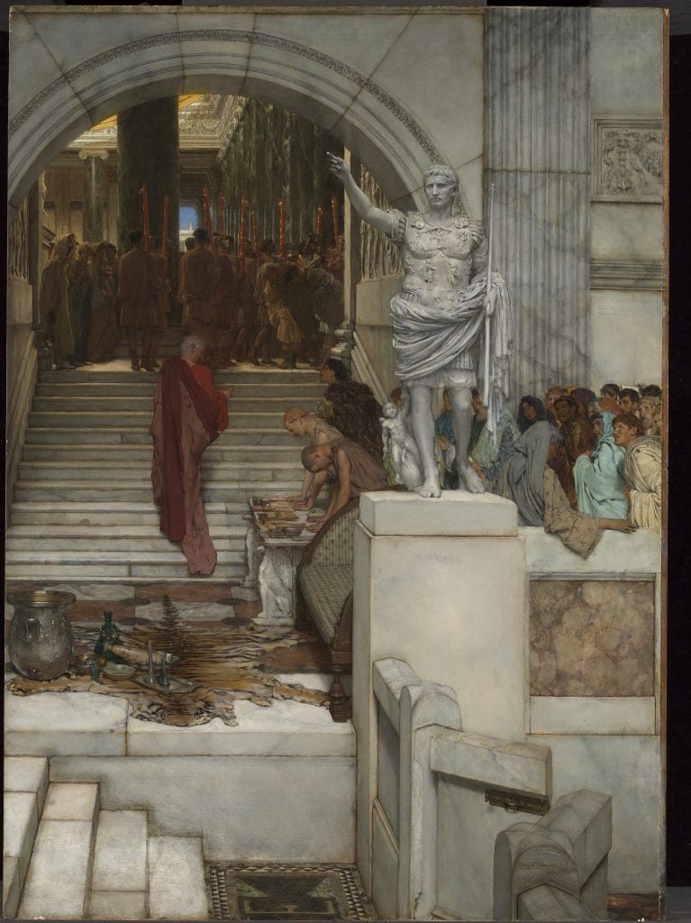 A painting by Lawrence Alma-Tadema depicting a red-robed man ascending a marble staircase away from an energetic crowd stage right