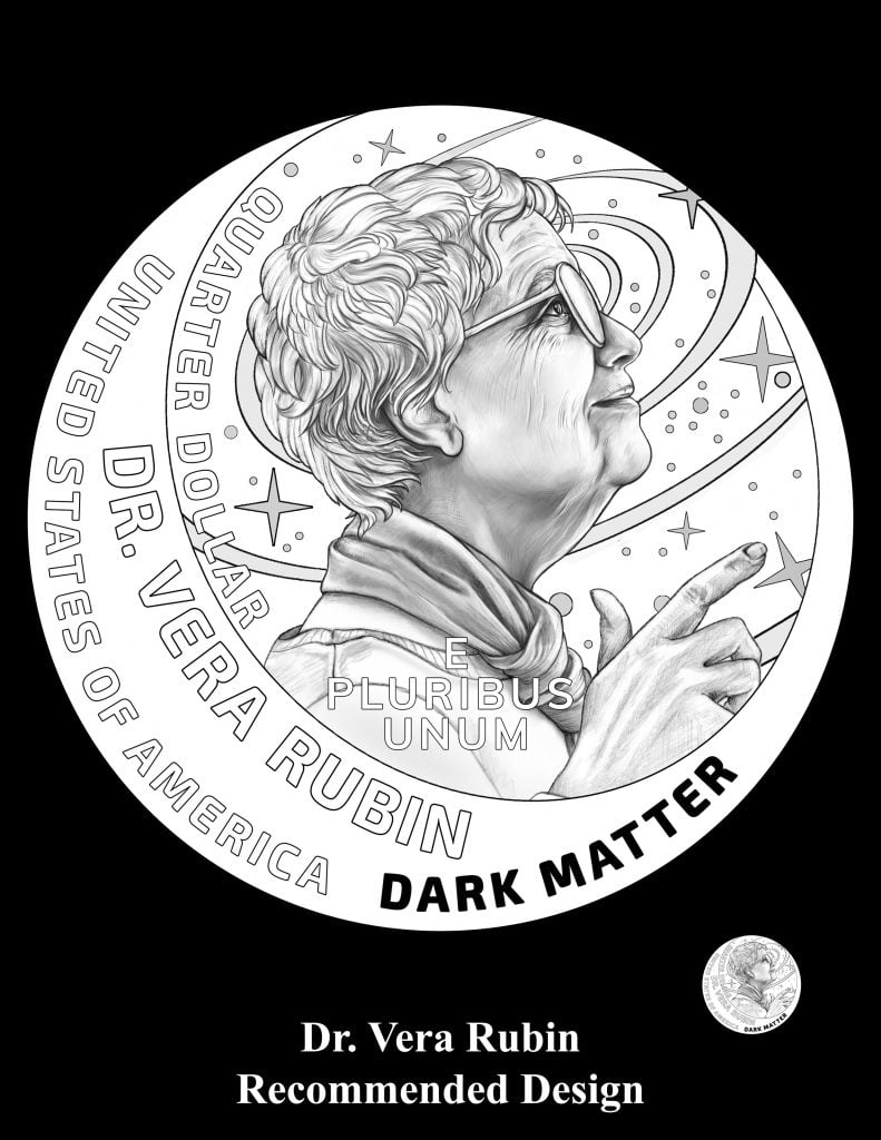 A black and white illustration of the new American Women Quarter for astronomer Vera Rubin designed by Christina Hess and to be sculpted by John P. McGraw.