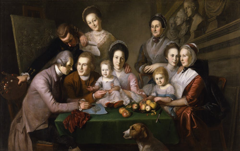 painting showing the family of painter Charles Wilson Peale sat around a table with dog in the foreground