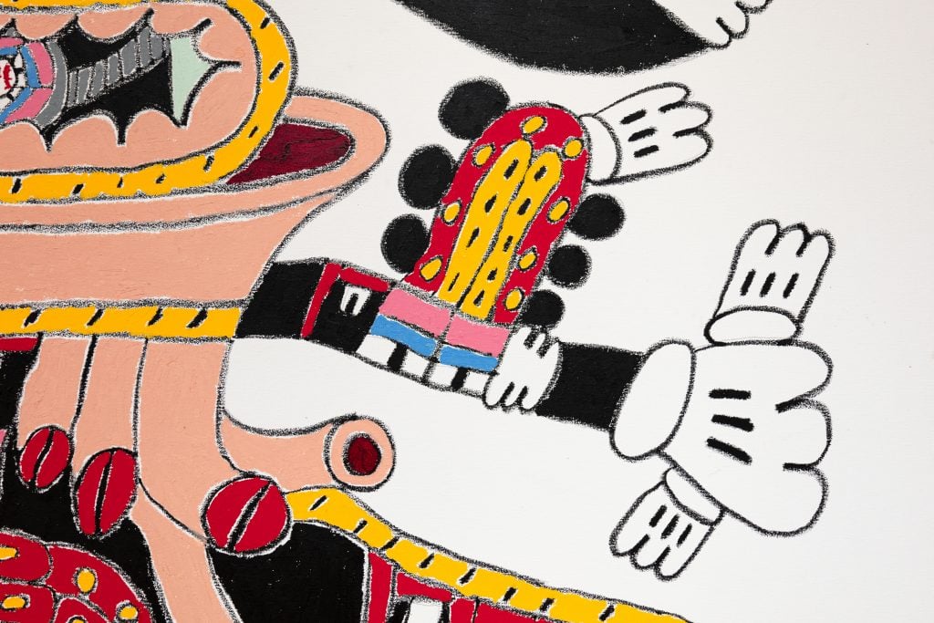 Close-up of a colored pencil drawing showing abstracted parts of Mickey Mouse