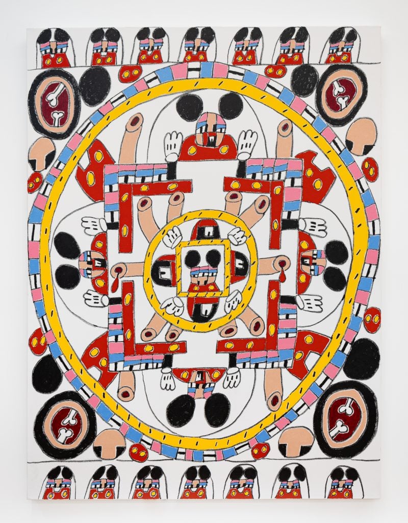 A colored pencil drawing of a mandala made up of abstracted parts of Mickey Mouse