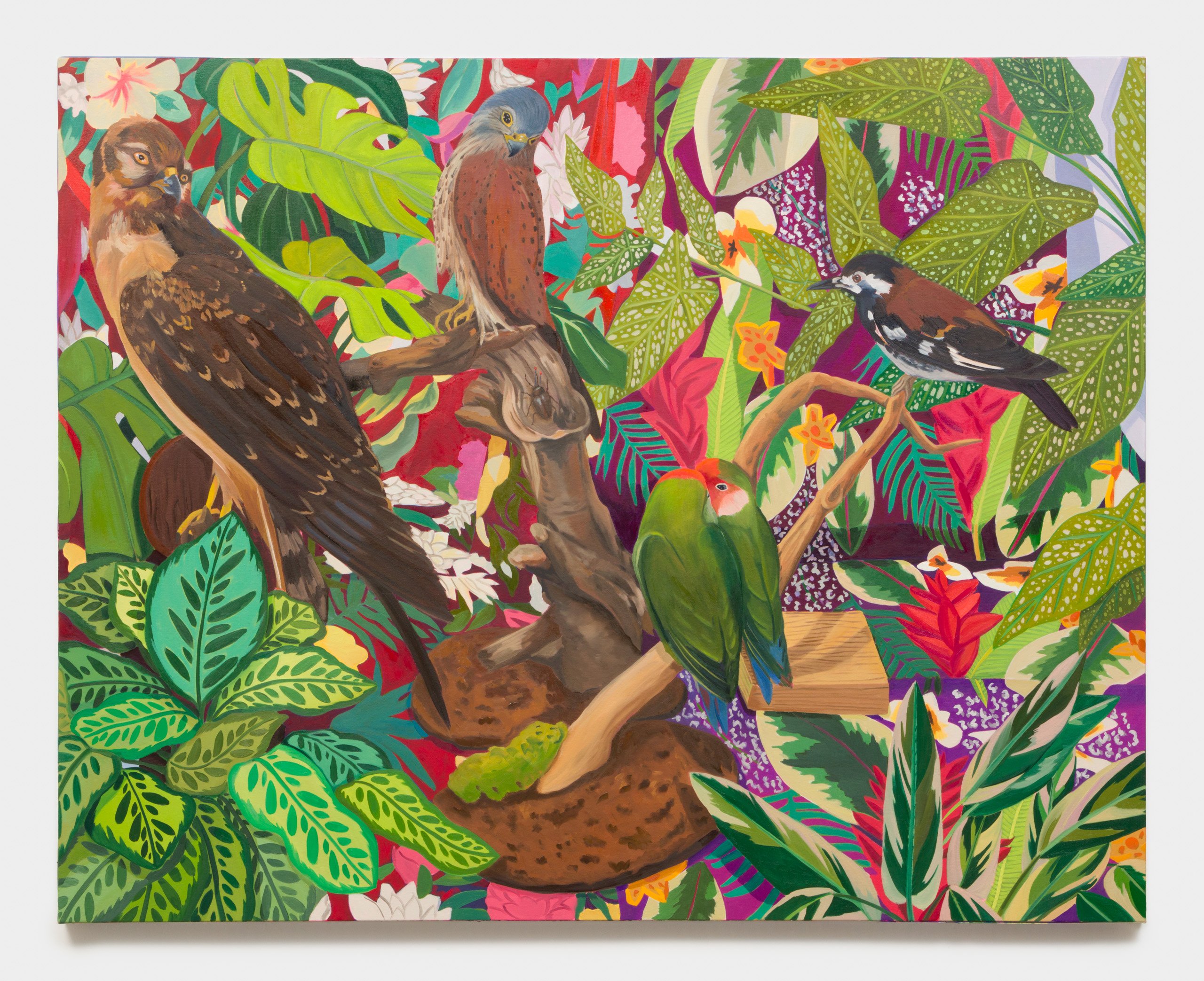 Vibrant still life painting in Contemporary Intimist style of a collection of plants and several taxidermy birds against bright and colorful patterns.