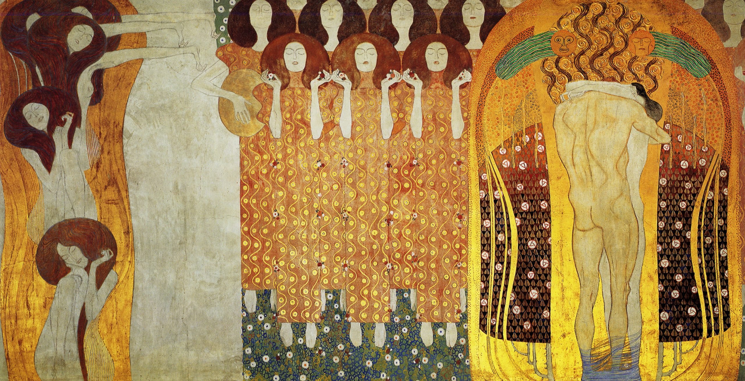 Part of Gustav Klimt's Beethoven Frieze showing various figures amid a gold-leafed background.