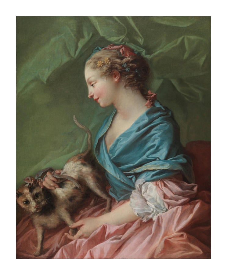 A painting of an aristocratic French woman petting a cat 