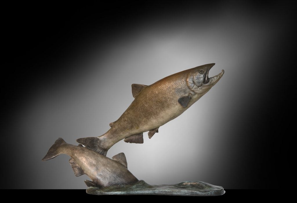 Bronze sculpture of two salmons, one with only the back half and tail visible, the other leaping upwards.