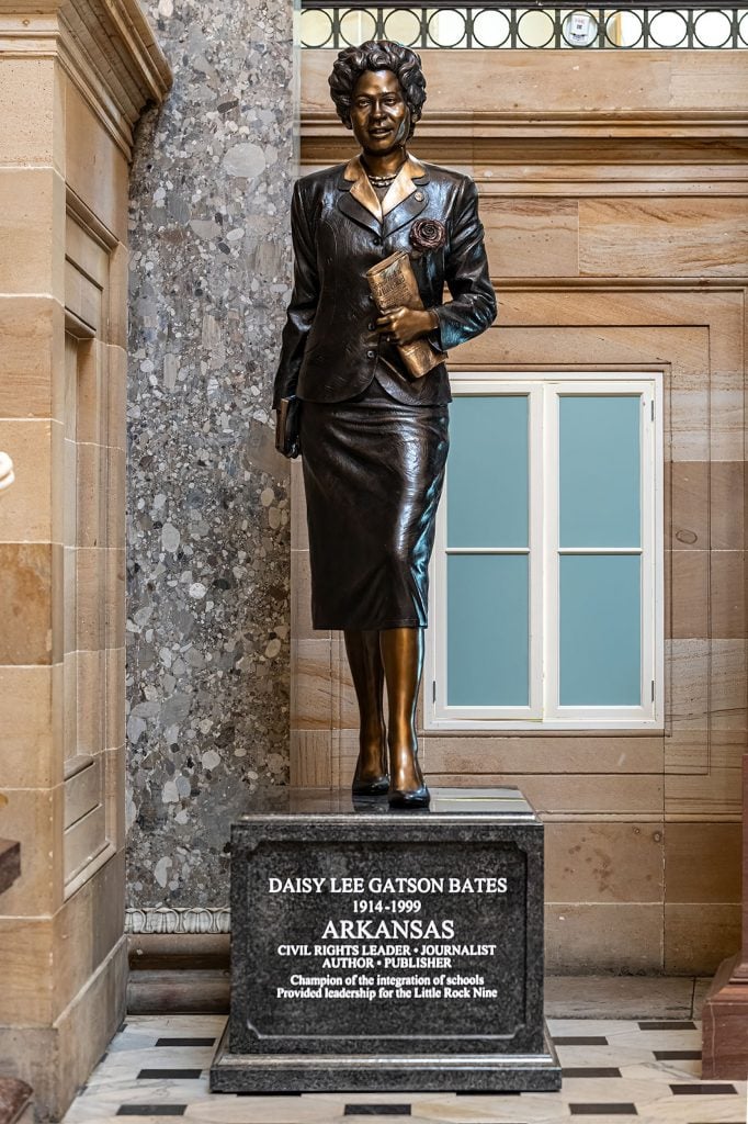 A statue showing civil rights activist Daisy Lee Gatson Bates