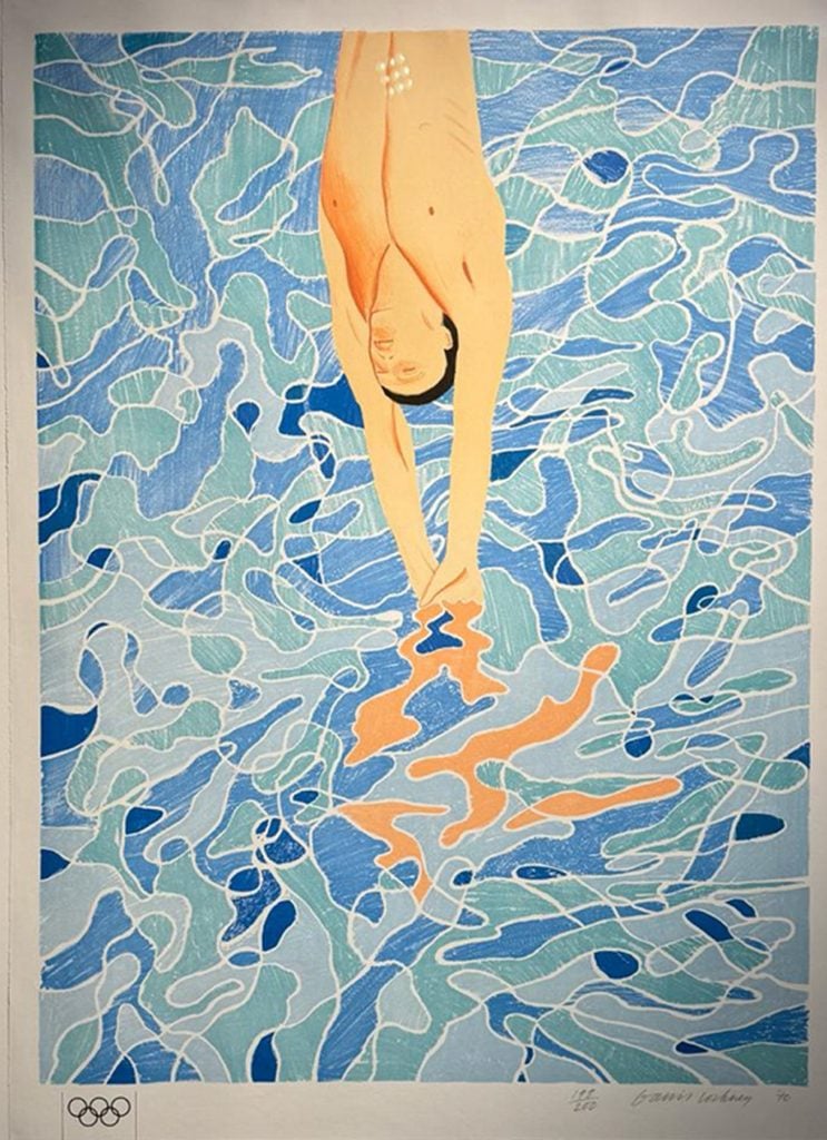 Image of a stylized figure diving into abstracted Olympics pool water of various shades of geometric blue.