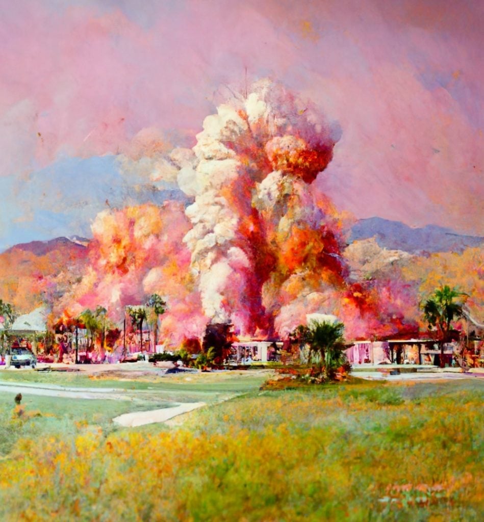 A painting showing a colorful explosion in a small town, against a blue sky with pink clouds