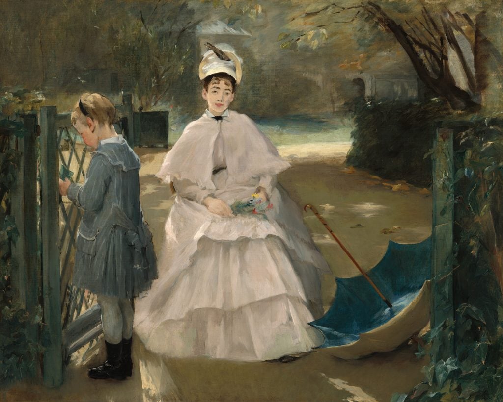 Impressionist painting of a nanny standing beside a child in a garden, an upturned umbrella on the ground beside her