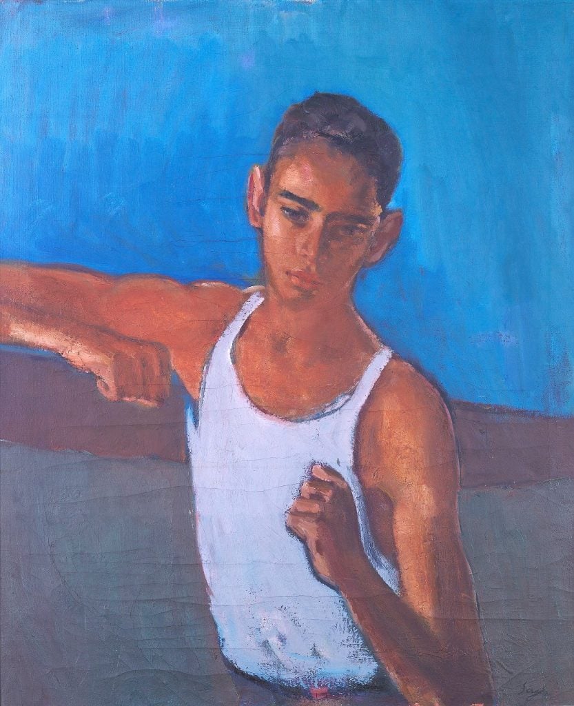 Half portrait painting of a young man wearing a white tank top standing in a boxing position looking out to the viewer agains a bright blue background.
