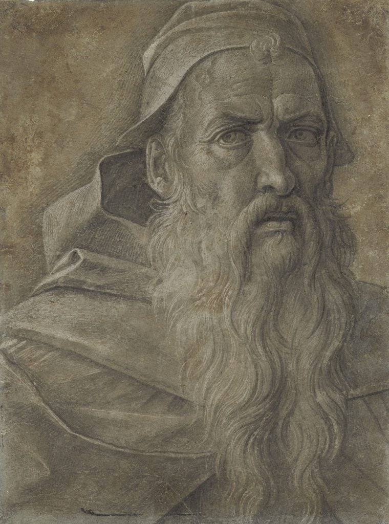 A drawing of a bearded older man