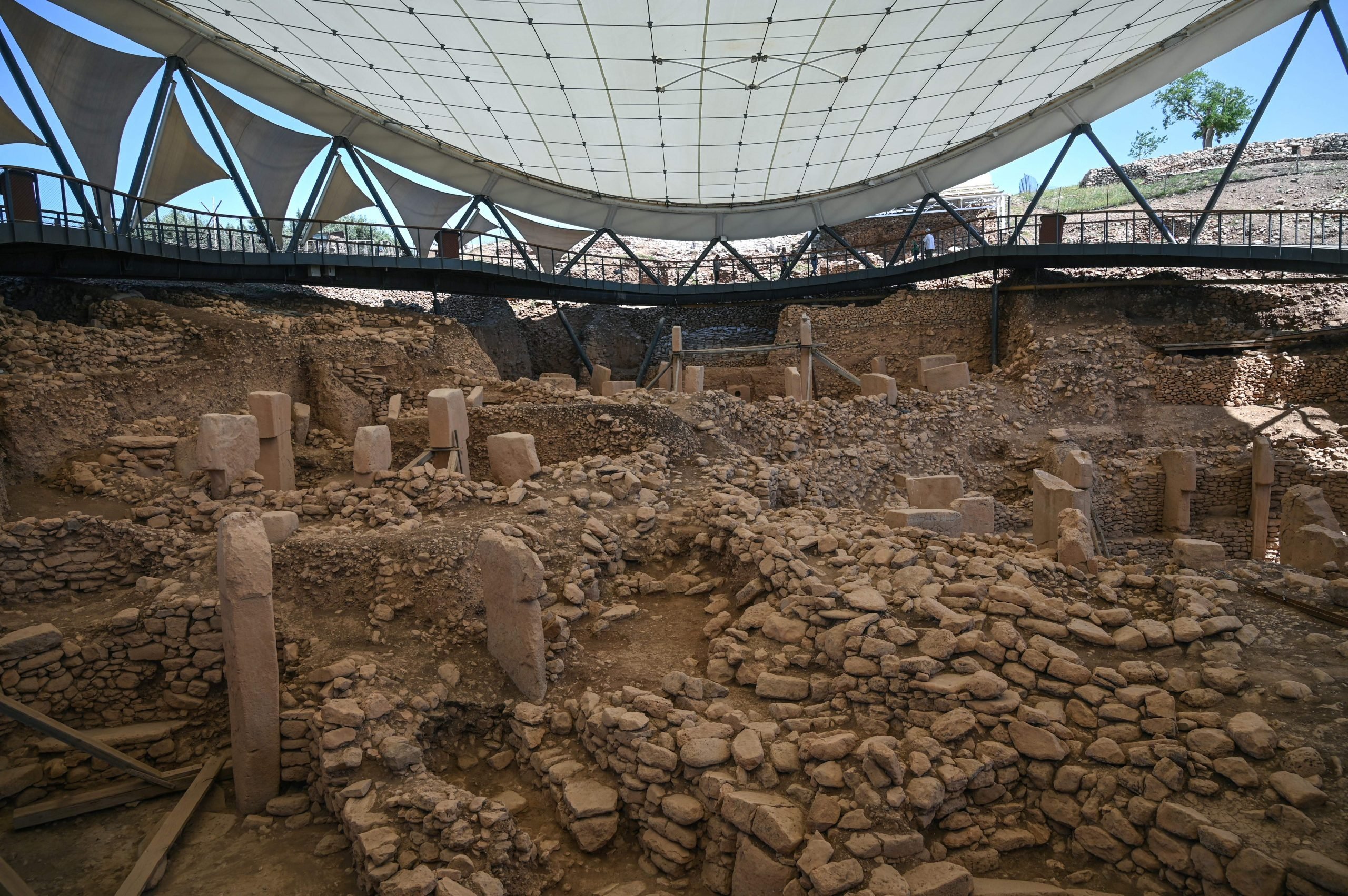 A photograph of the excavated prehistoric ruins of Göbekli Tepe, shrouded under a white tent for safekeeping