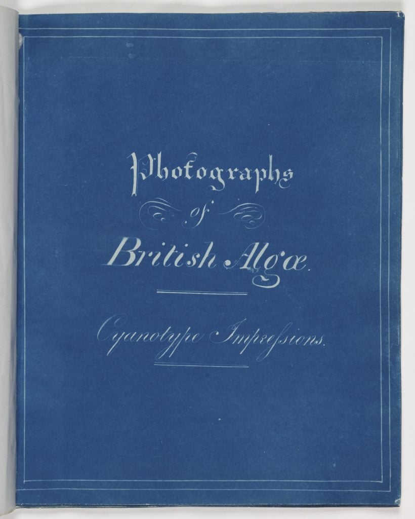 Blue-colored title page of a book titled "Photographs of British Algae: Cyanotype Impressions"