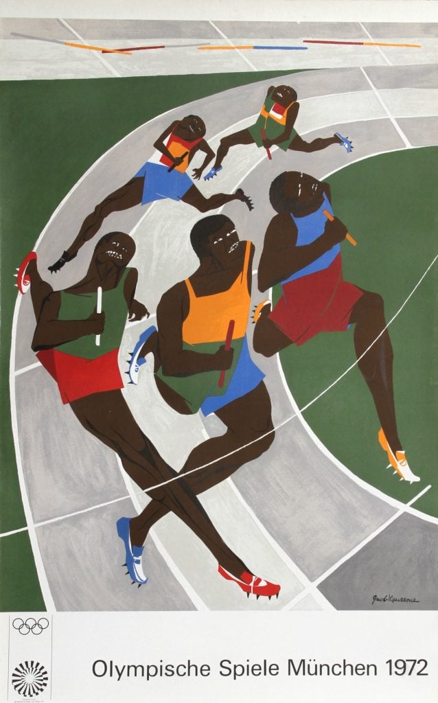 Abstracted and distorted painting of five runners at the Olympics.