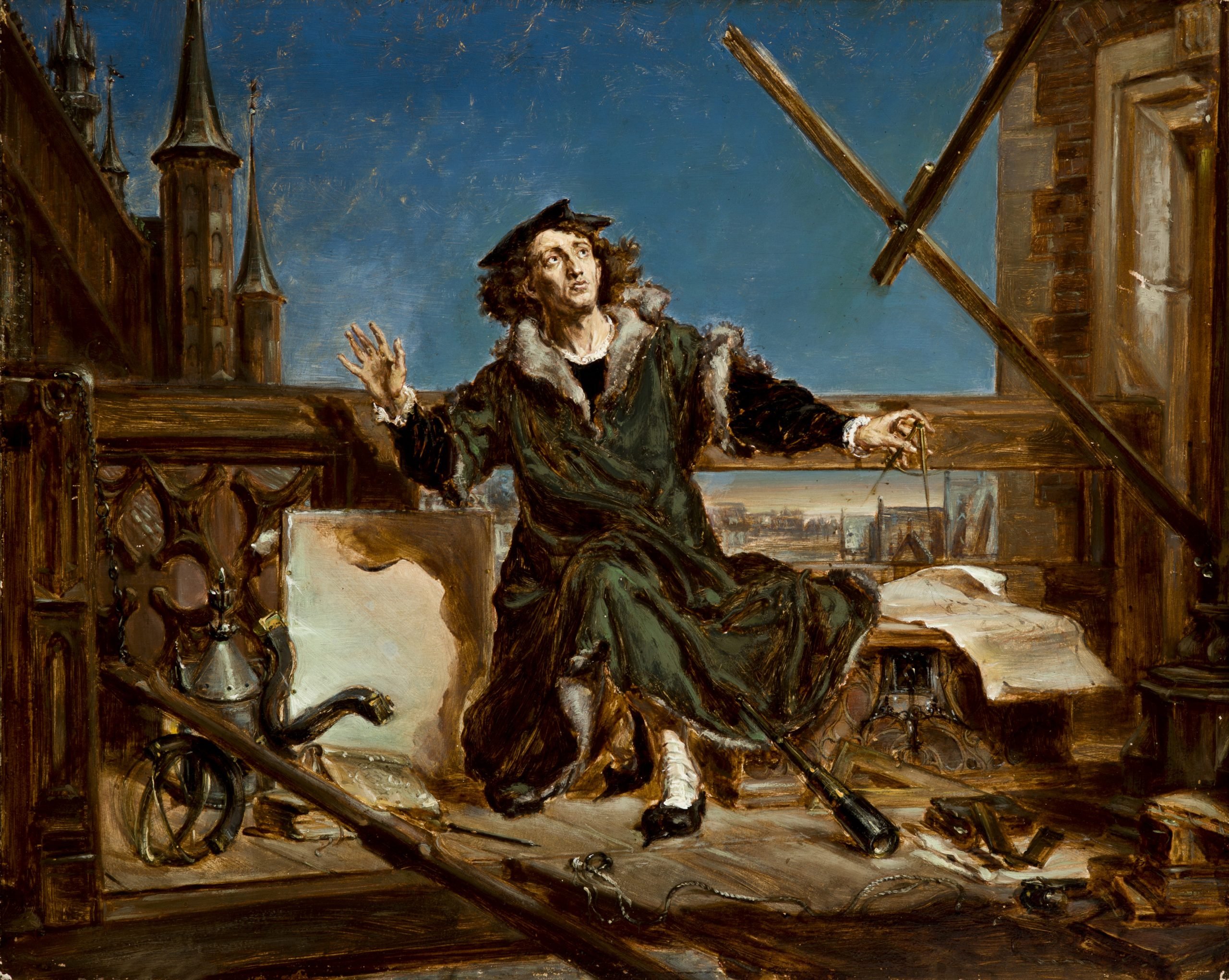 Painting depicting astronomer Copernicus kneeling in his lab, a compass clutched in his hand and his eyes gazing upward