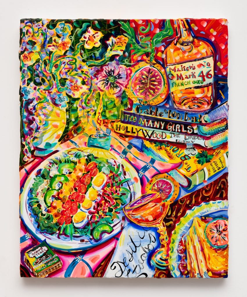 A colorful and gestural hyper-detail painting of a spread of food, with a plate of various kebab sides, a bottle of Maker's mark, a cocktail glass, and bold colorful patterns from the tablecloth.