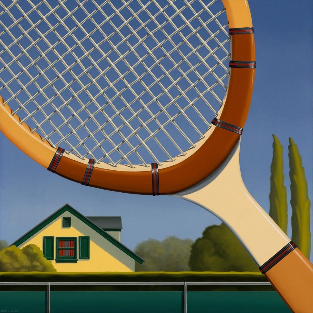 A photorealistic painting of half a vintage badminton racket behind which you can see two cypress tress and the top portion of a house and a blue sky.