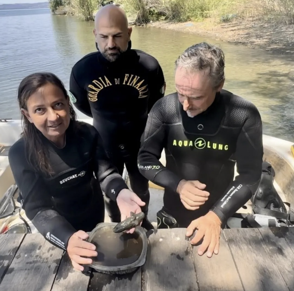 Immagine di tre subacquei in piedi attorno a un tavolo intenti a prendersi cura di un piccolo manufatto di argilla, con un lago dietro di loro