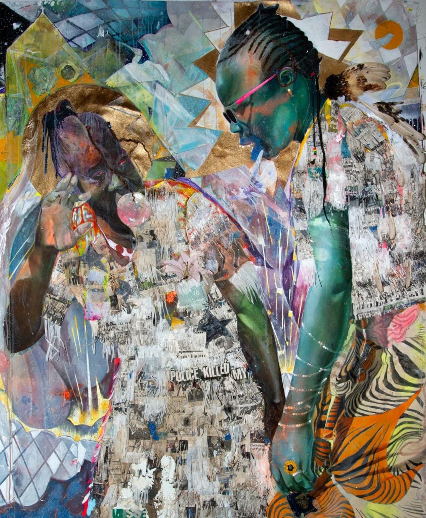 A collage abstraction of two figures, included in Artnet Gallery Network artists to follow list.