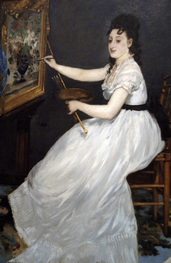 Manet's sedate portrait of Eva Gonzales, showing a young woman painting a floral still-life at an easel, her gaze turned to the viewer