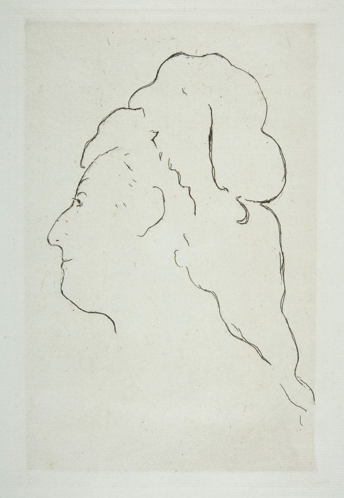 A rough sketch of a woman with her head turned to the left